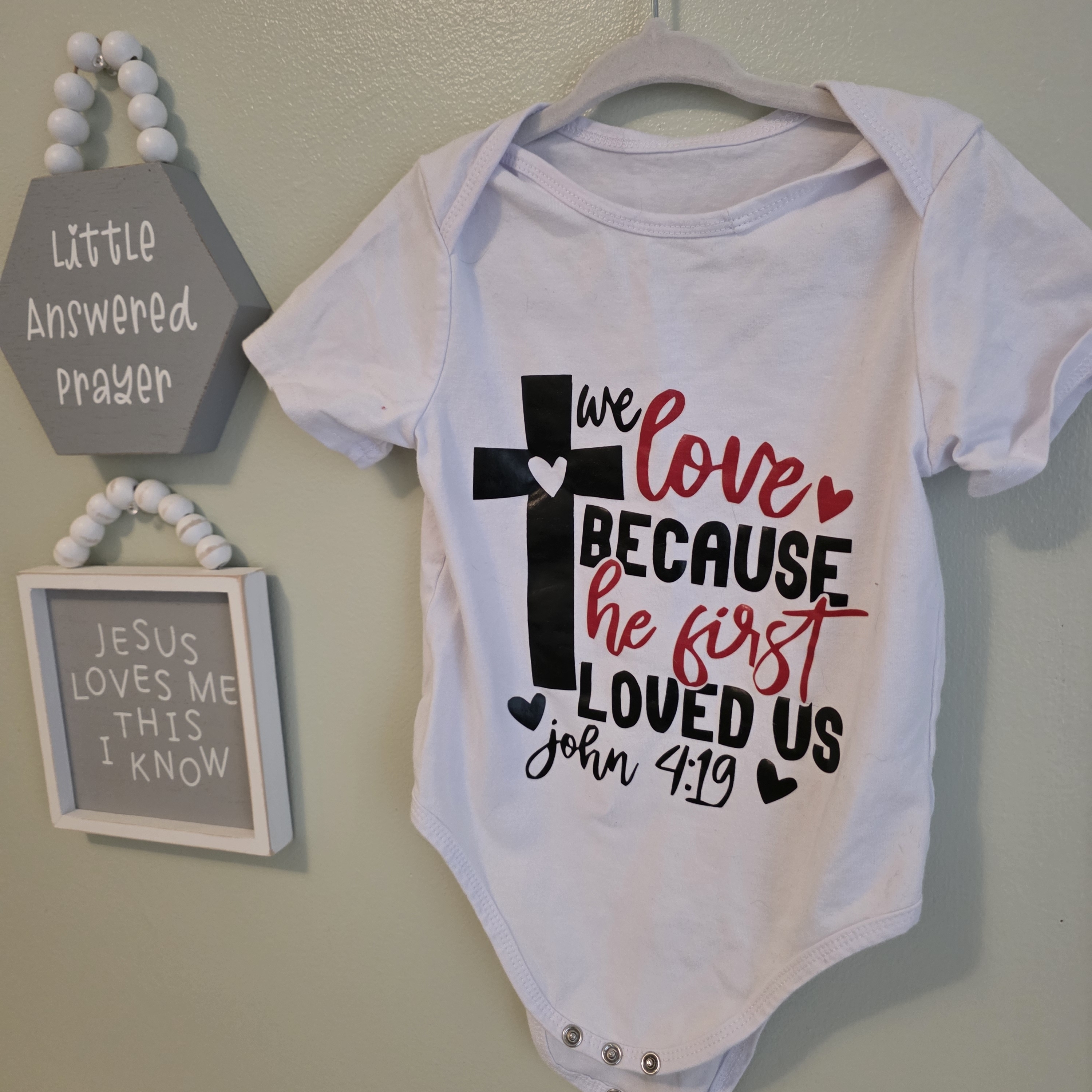 White Baby One-Piece Bodysuit With Red & Black Faith Graphic